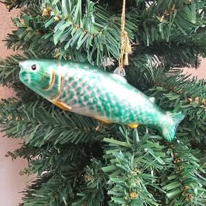 Vintage blown glass fish Christmas tree ornament Green Gold